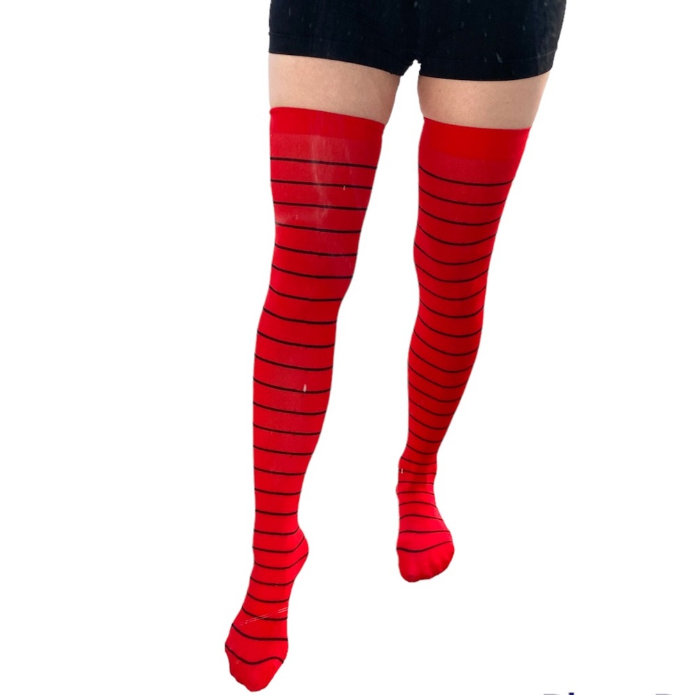 HOT TOPIC THIGH HIGH stockings nylon socks red black striped costume sexy NEW - Picture 3 of 4